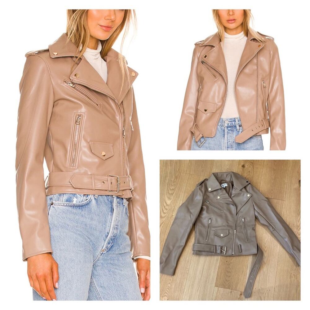 Superdown Giovanna Moto Jacket in Tan Faux Leather with Pockets Zips and Belt - Picture 2 of 11